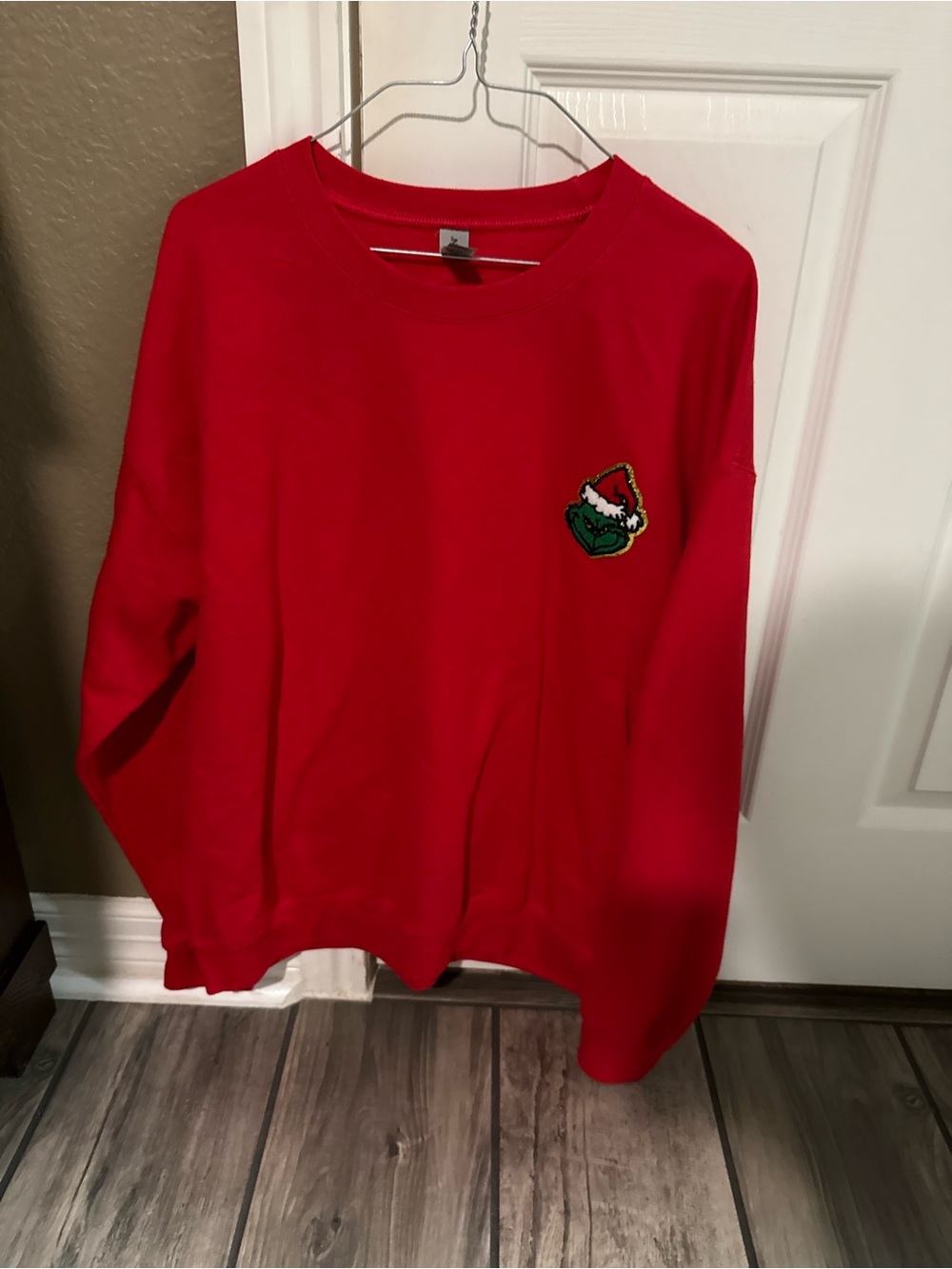 Red Crewneck Sweater with Grinch Patch